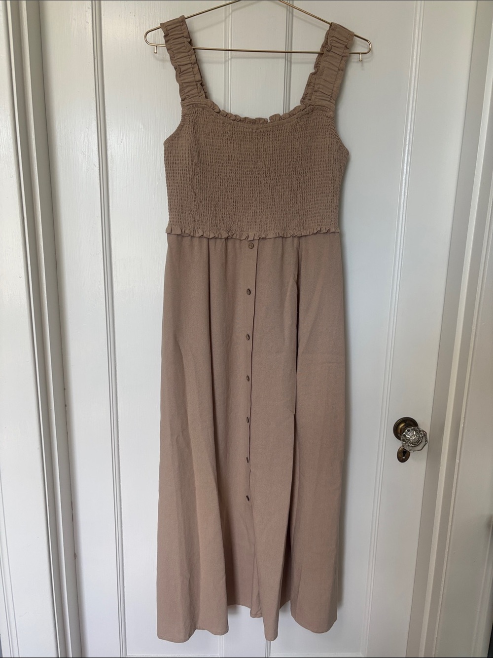 Blu Pepper Taupe Smocked Midi Dress with Button Front - NWOT
